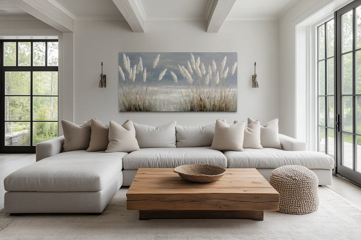 Grey Boho Beach Grass Coastal Framed Canvas Wall Art