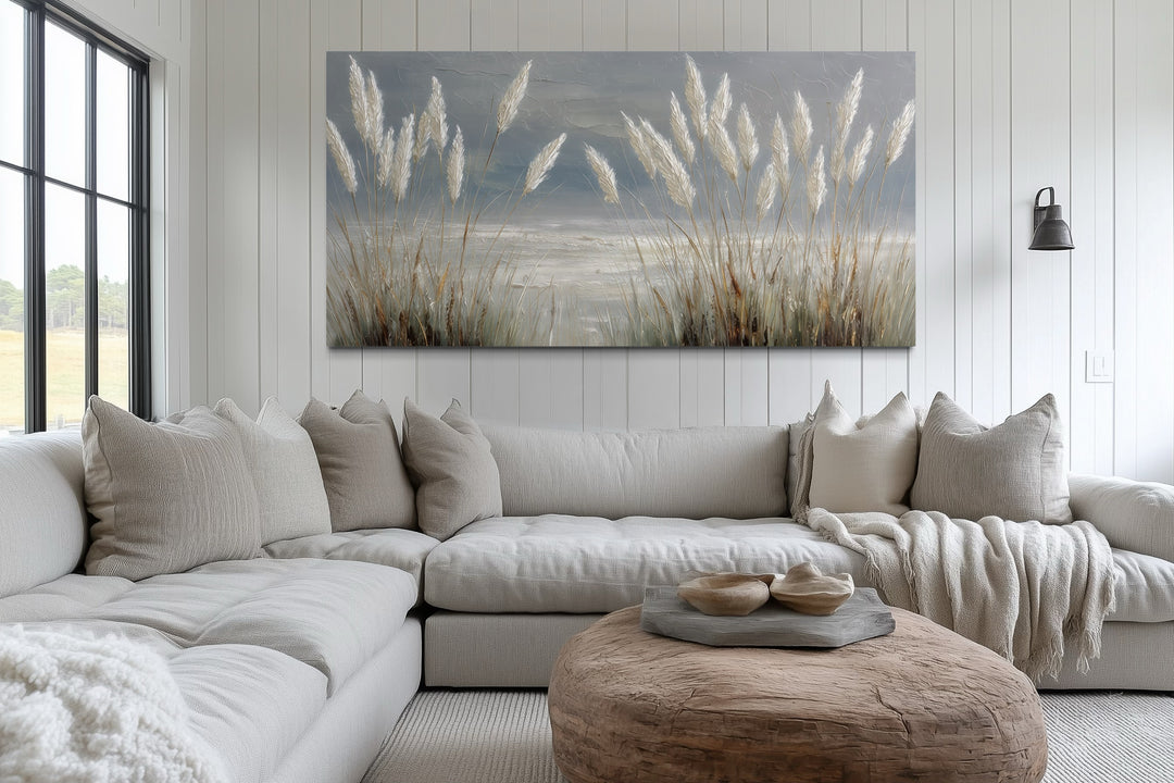 Grey Boho Beach Grass Coastal Framed Canvas Wall Art