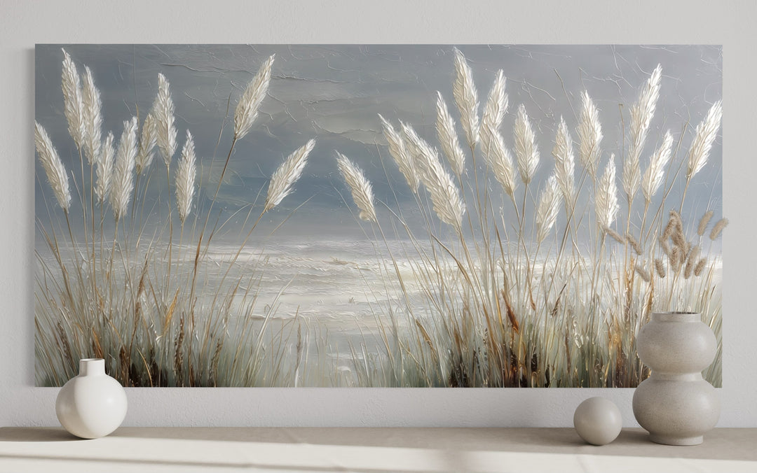 Grey Boho Beach Grass Coastal Framed Canvas Wall Art