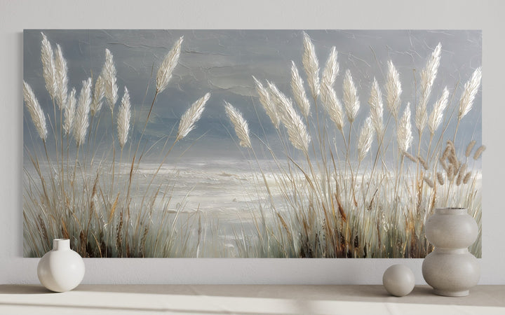 Grey Boho Beach Grass Coastal Framed Canvas Wall Art