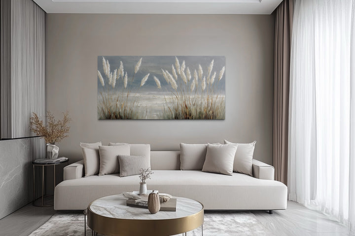 Grey Boho Beach Grass Coastal Framed Canvas Wall Art