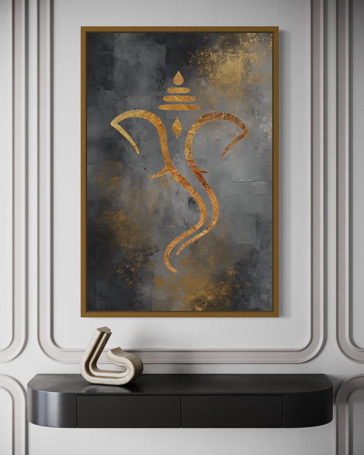 Grey Gold Minimalist Lord Ganesha Framed Canvas Wall Art