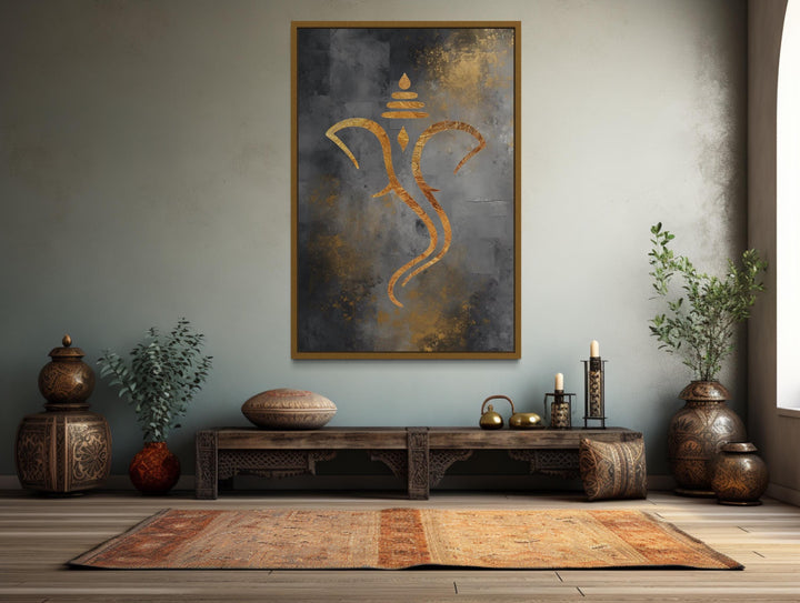 Grey Gold Minimalist Lord Ganesha Framed Canvas Wall Art