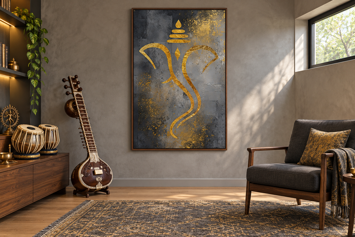 Grey and gold minimalist Lord Ganesha framed canvas wall art in a modern living room setting.