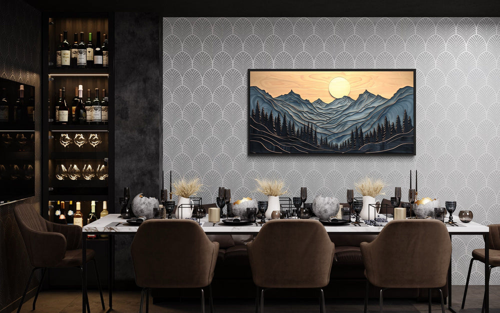 Grey Layered Wood Mountain Painting Framed Canvas Wall Art in dining room