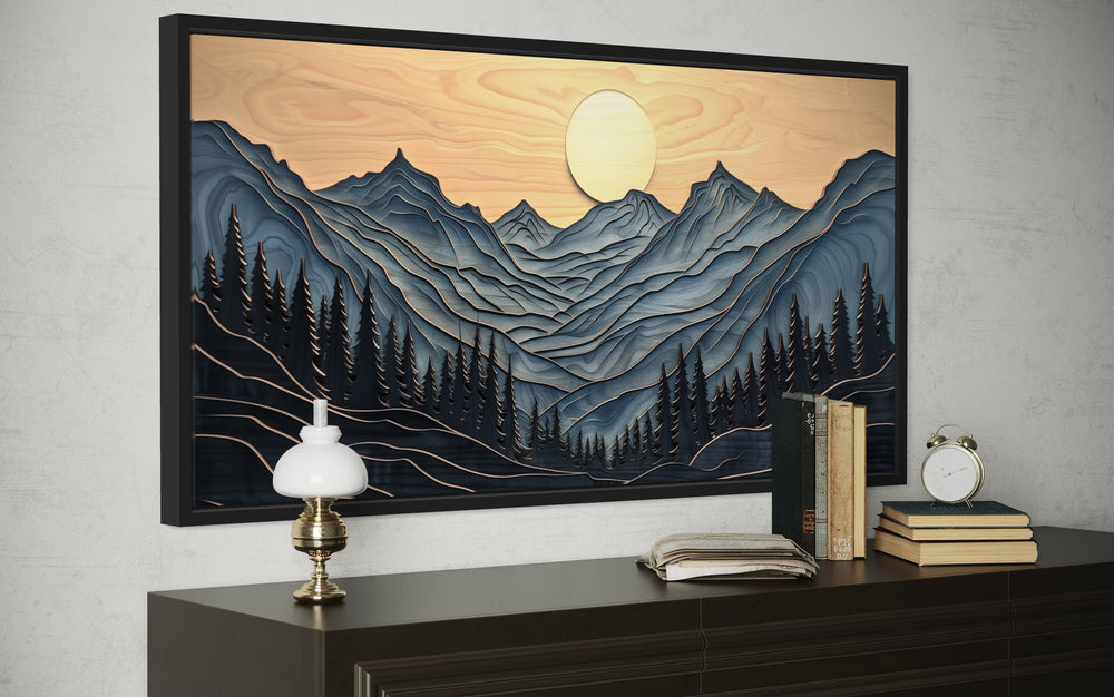 Grey Layered Wood Mountain Painting Framed Canvas Wall Art