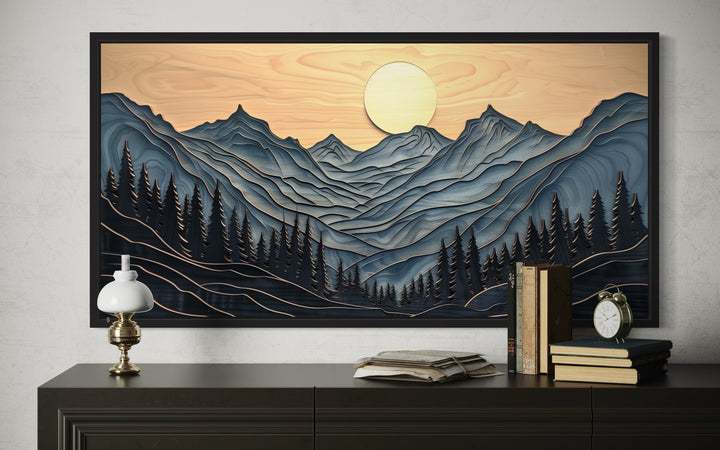 Grey Layered Wood Mountain Painting Framed Canvas Wall Art