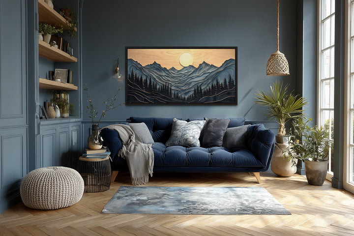 Grey Layered Wood Mountain Painting Framed Canvas Wall Art
