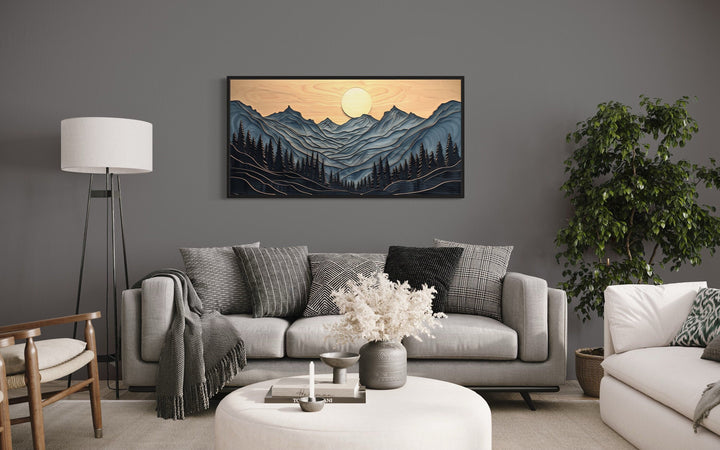 Grey Layered Wood Mountain Painting Framed Canvas Wall Art