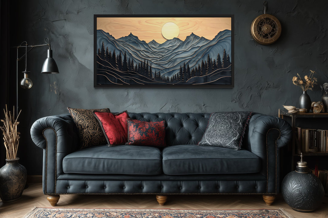 Grey Layered Wood Mountain Painting Framed Canvas Wall Art