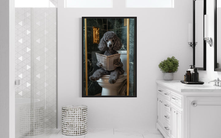 Grey Medium Poodle On Toilet Reading Newspaper Picture