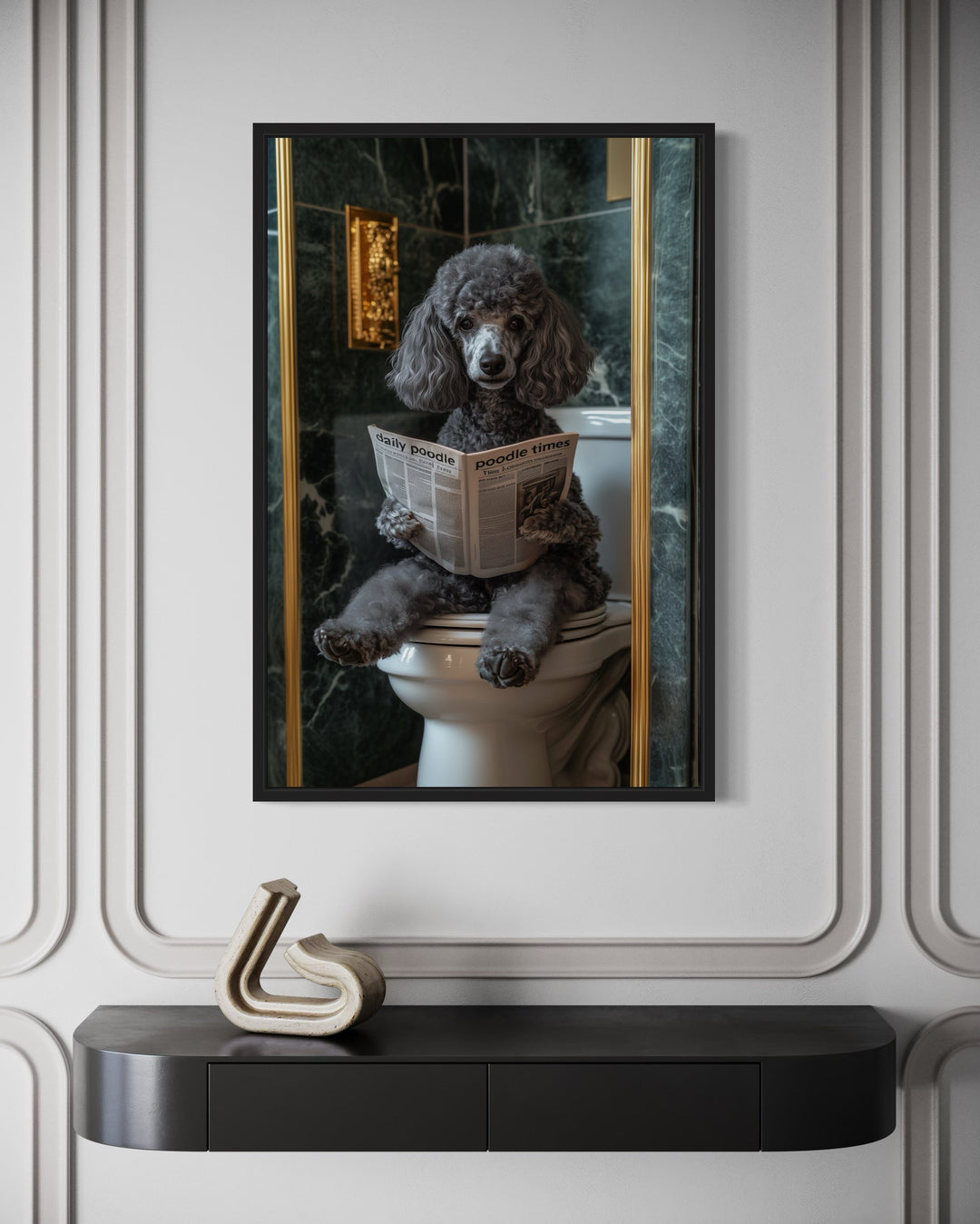 Grey Medium Poodle On Toilet Reading Newspaper Picture