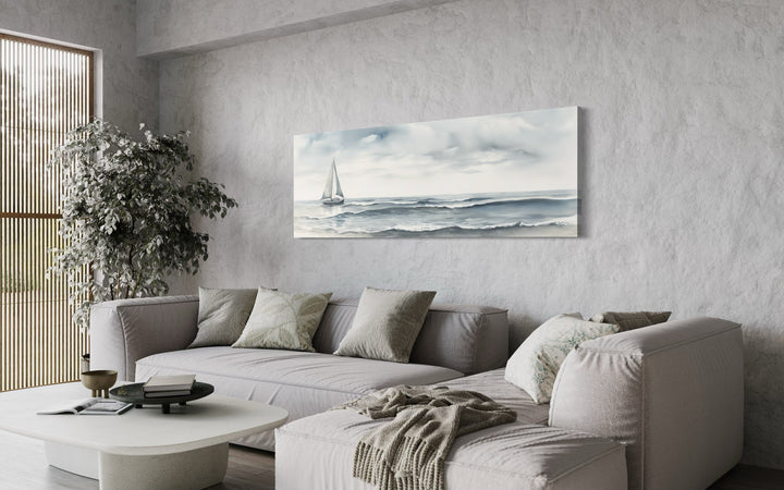 Grey Ocean And Sail Boat Coastal Horizontal Above Bed Canvas Wall Art