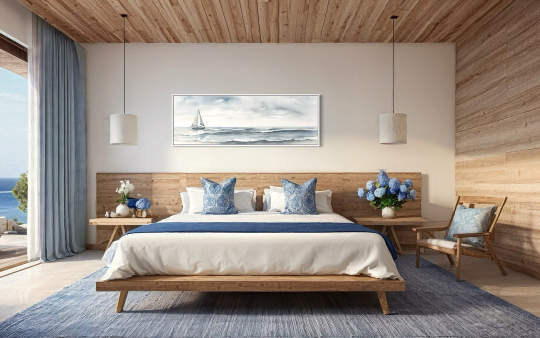 Grey Ocean And Sail Boat Coastal Horizontal Above Bed Canvas Wall Art