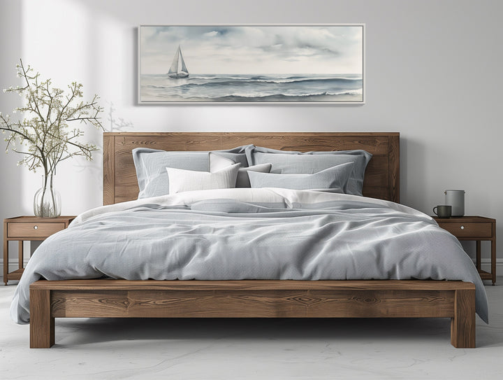 Grey Ocean And Sail Boat Coastal Horizontal Above Bed Canvas Wall Art