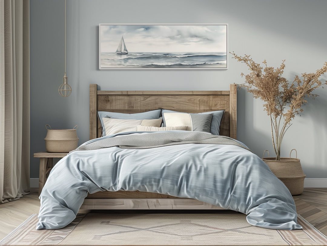 Grey Ocean And Sail Boat Coastal Horizontal Above Bed Canvas Wall Art