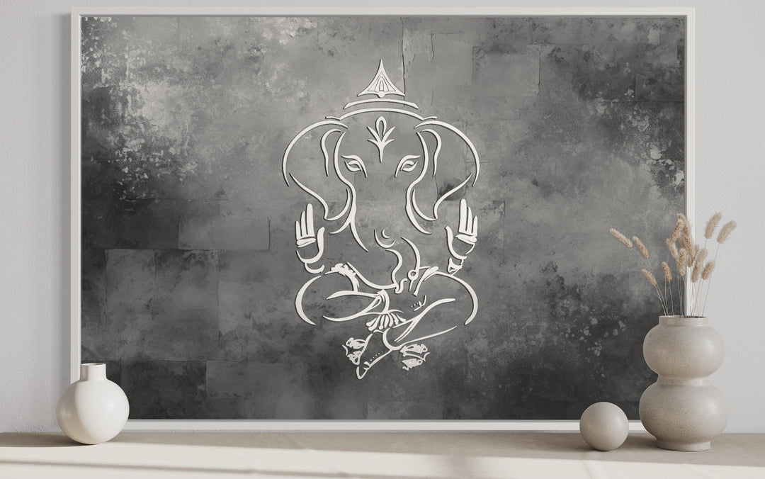 Grey Silver White Minimalist Lord Ganesh Framed Canvas Wall Art close up