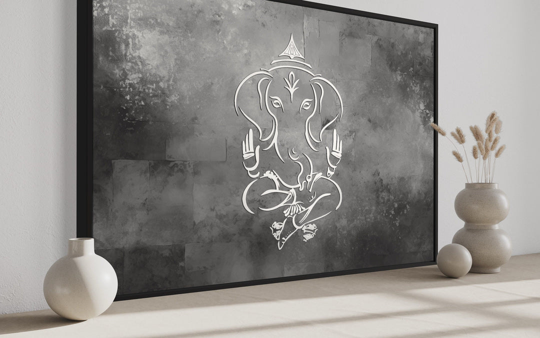 Grey Silver White Minimalist Lord Ganesh Framed Canvas Wall Art side view