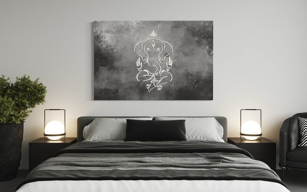 Grey Silver White Minimalist Lord Ganesh Framed Canvas Wall Art above bed