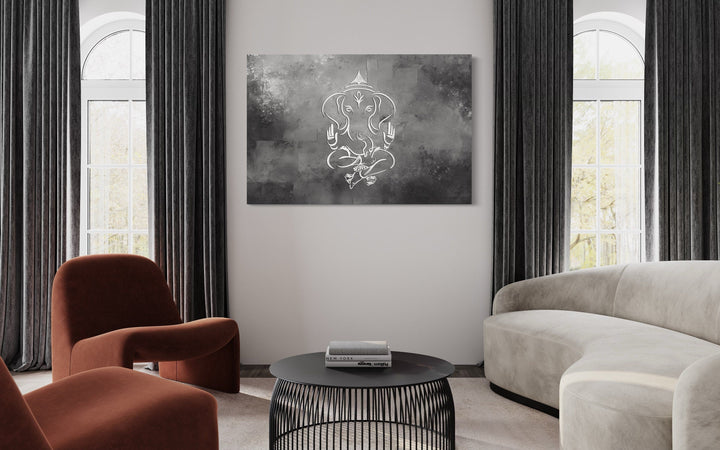 Grey Silver White Minimalist Lord Ganesh Framed Canvas Wall Art in living room