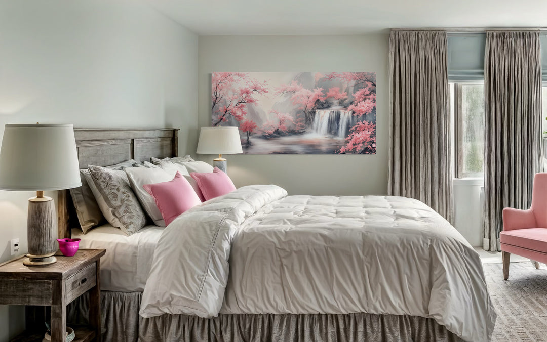 Grey Waterfall And Blush Pink Cherry Blossom Framed Canvas Wall Art