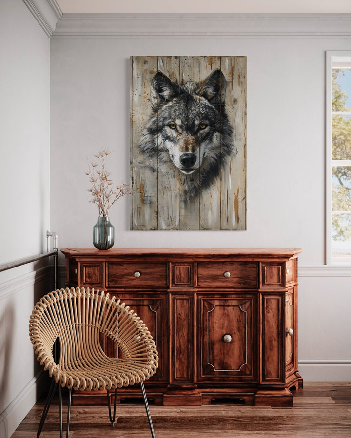 Grey Wolf Painting On Wood Framed Canvas Wall Art