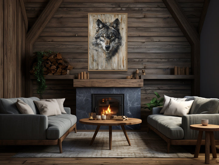 Grey Wolf Painting On Wood Framed Canvas Wall Art