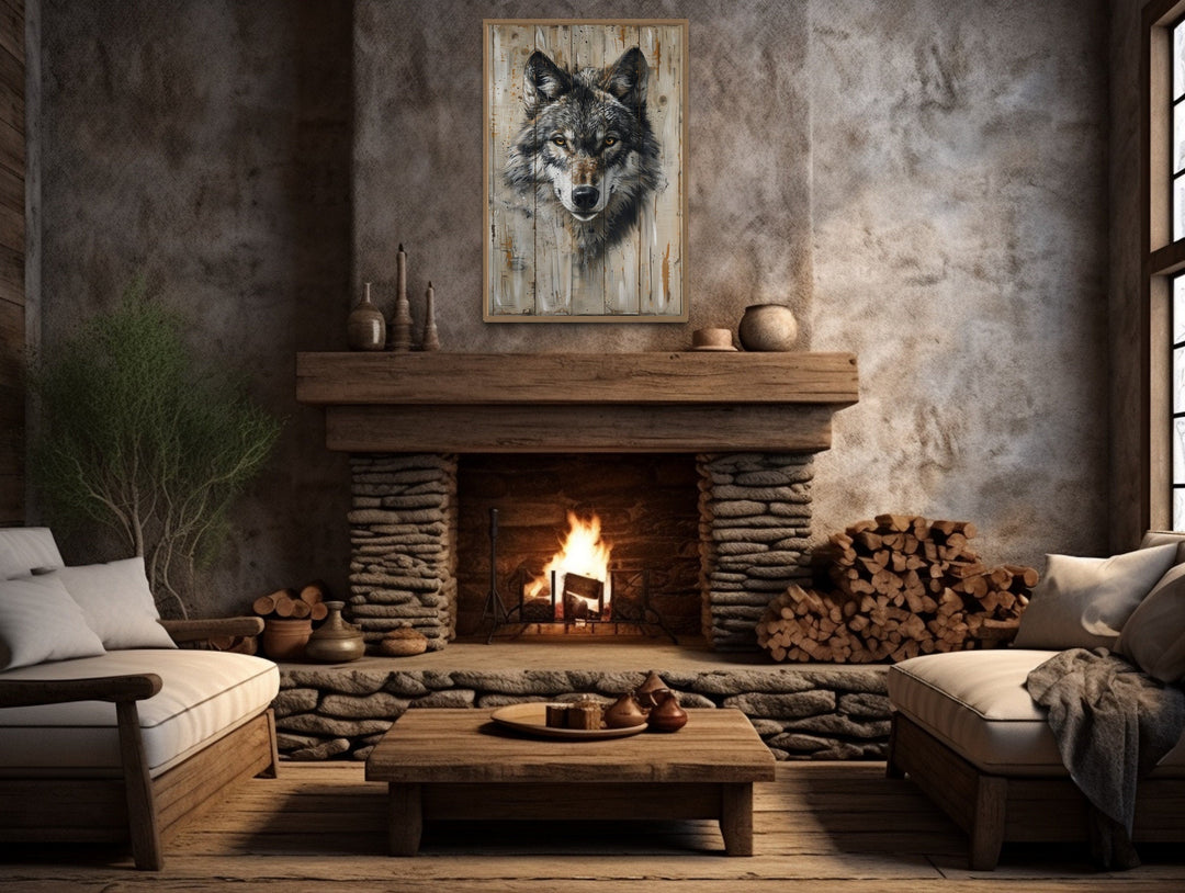 Grey Wolf Painting On Wood Framed Canvas Wall Art