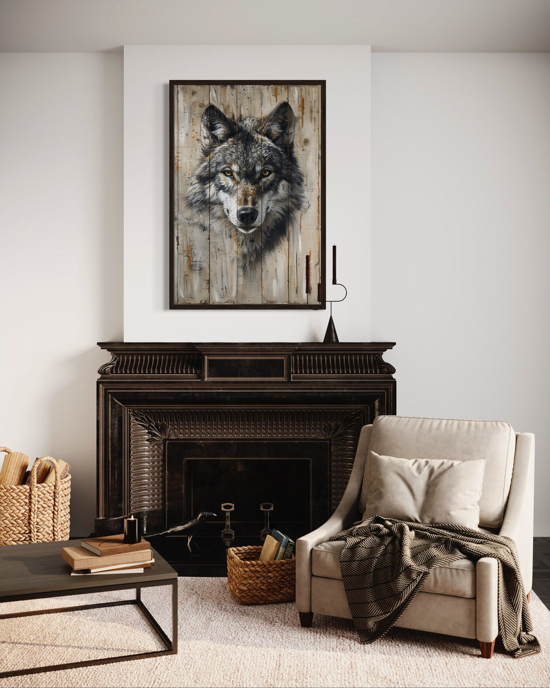 Grey Wolf Painting On Wood Framed Canvas Wall Art