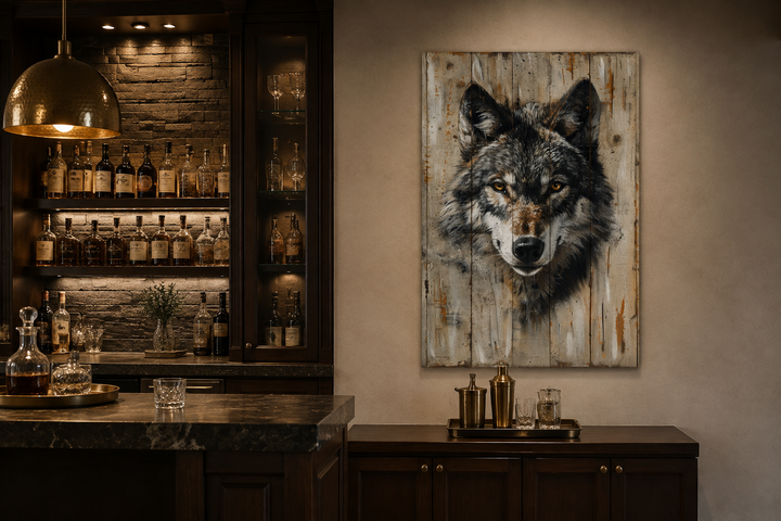 Grey wolf painting on wood-textured canvas wall art in a rustic cabin bar setting.