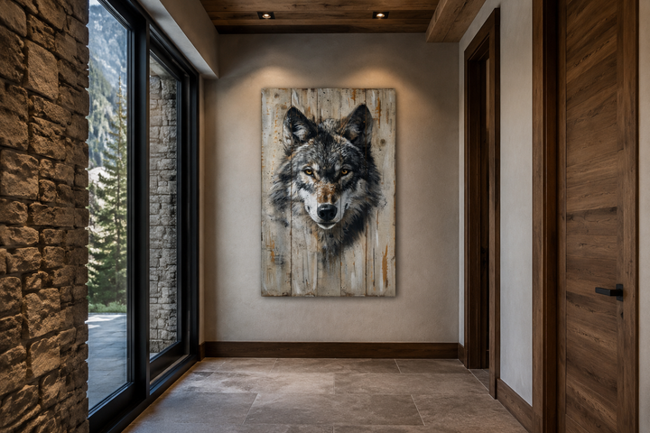 Grey wolf painting on wood-textured canvas wall art in a rustic cabin hallway.