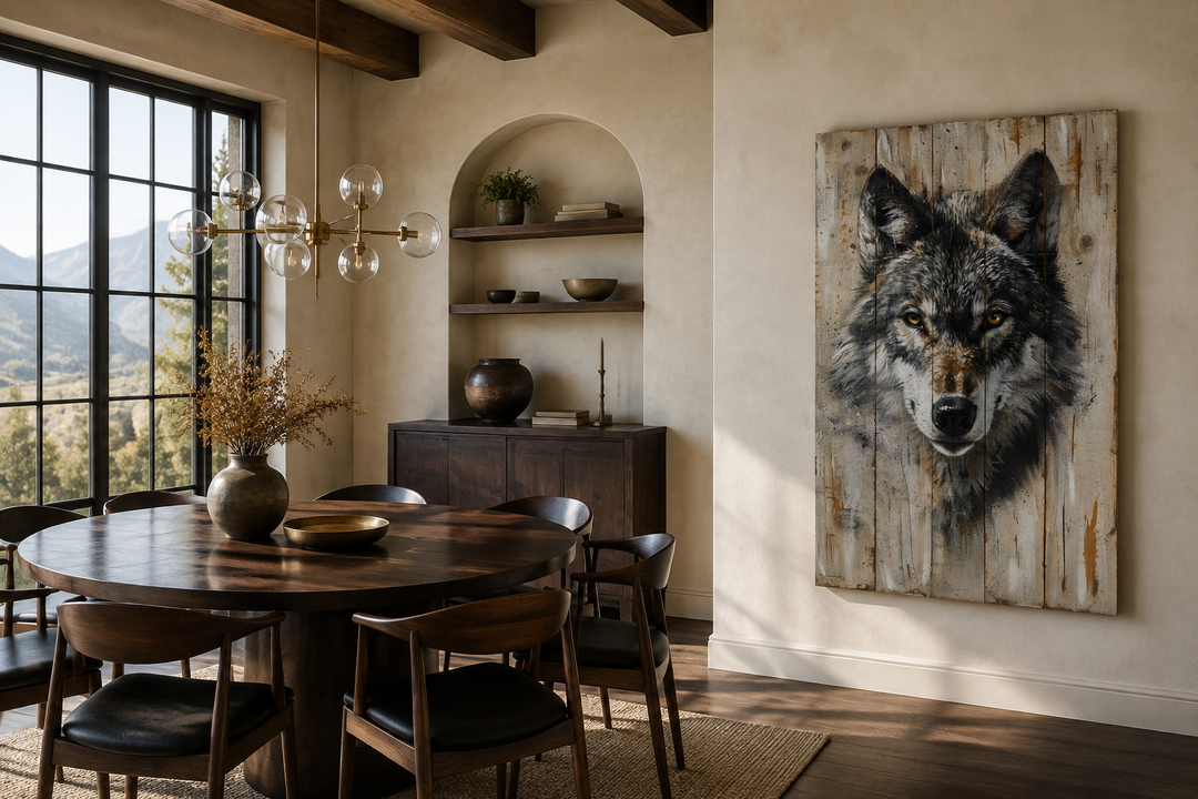 Grey wolf painting on rustic wood-textured canvas wall art in a cabin-style dining room.