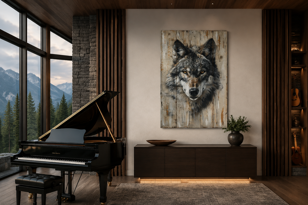 Grey wolf painting on wood-textured canvas wall art in a rustic cabin living room with a piano.