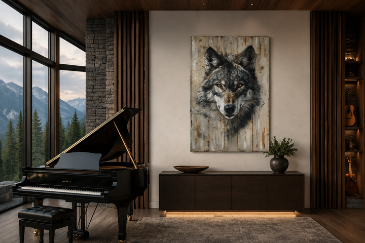 Grey wolf painting on wood-textured canvas wall art in a rustic cabin living room with a piano.