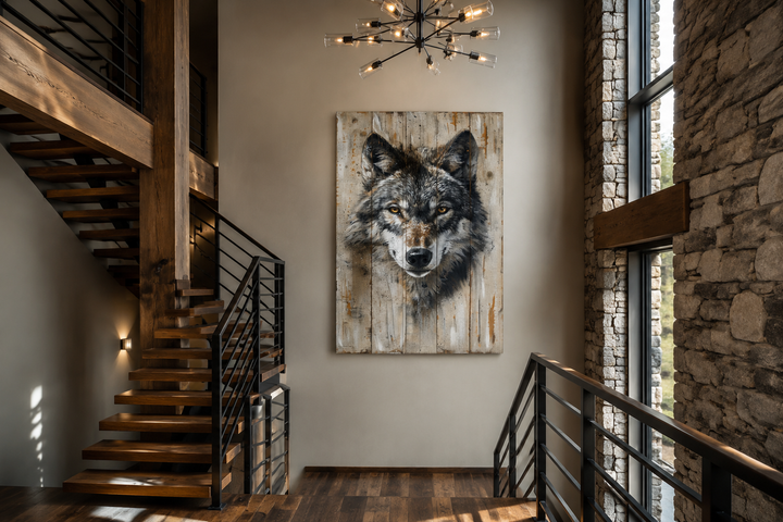 Grey wolf painting on wood-textured canvas wall art in a rustic cabin interior with stairs.