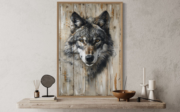 Grey wolf painting on wood-textured framed canvas wall art displayed on a rustic wooden shelf.