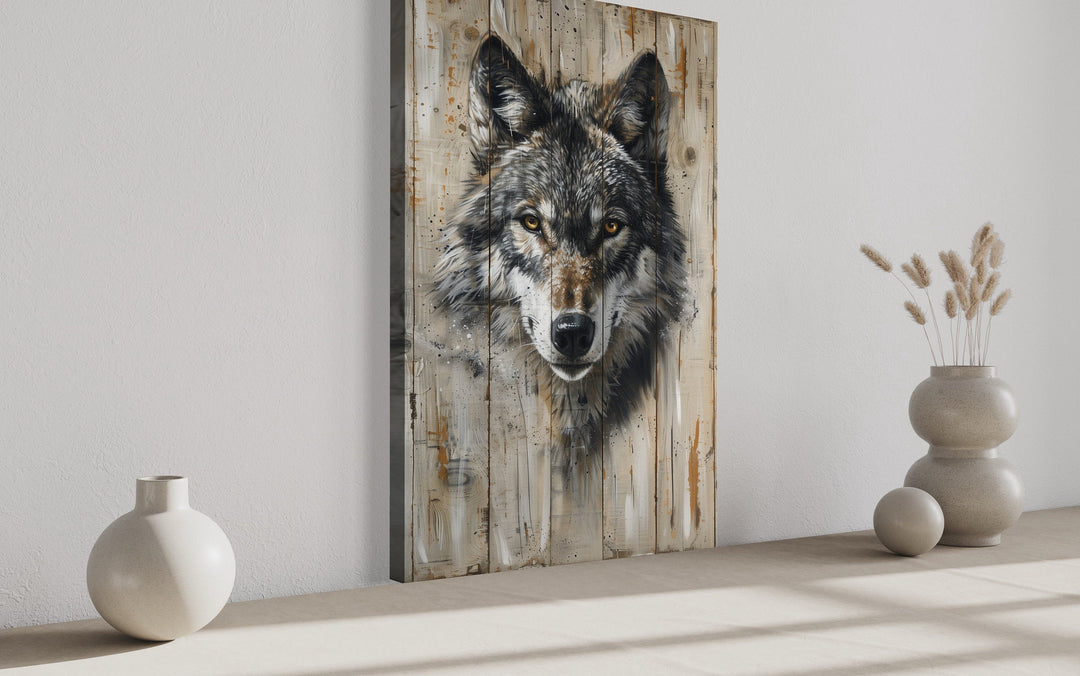 Grey wolf painting on wood-textured framed canvas wall art leaning against a white wall.