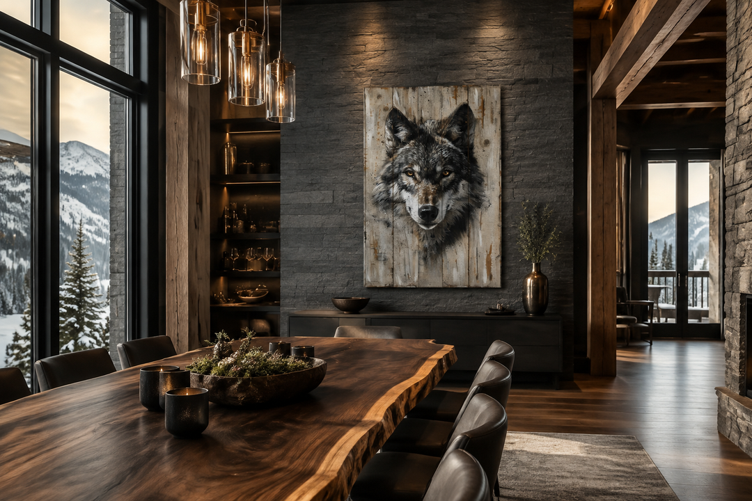 Grey wolf painting on wood-textured canvas wall art in a rustic cabin dining room.