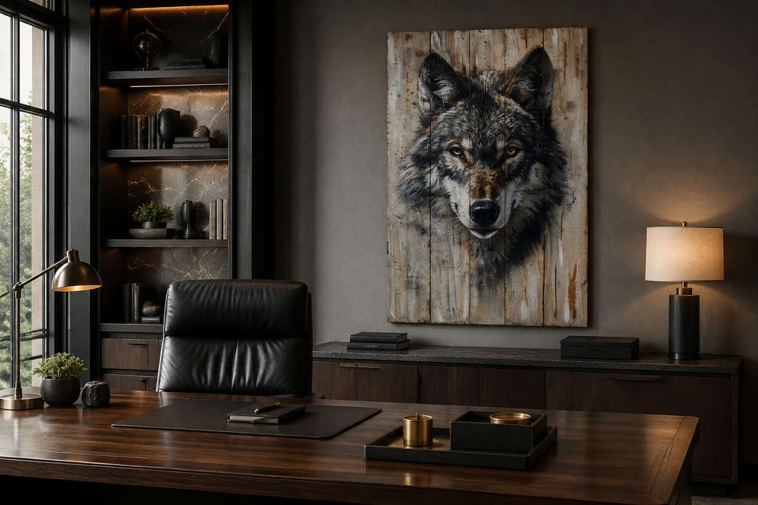 Grey wolf painting on rustic wood panel canvas wall art in a dark, modern office setting.