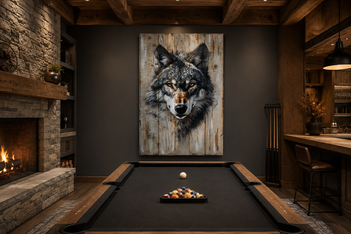 Large grey wolf painting on wood-effect canvas hanging in a rustic cabin game room with pool table.