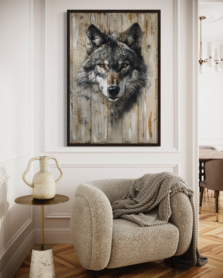 Grey Wolf Painting On Wood Framed Canvas Wall Art