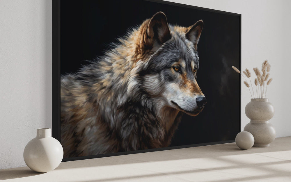 Grey Wolf Portrait Framed Canvas Wall Art side view