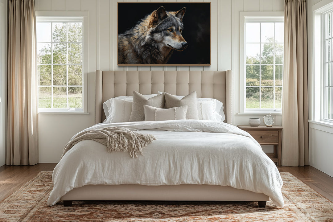 Grey Wolf Portrait Framed Canvas Wall Art