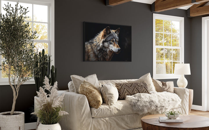 Grey Wolf Portrait Framed Canvas Wall Art