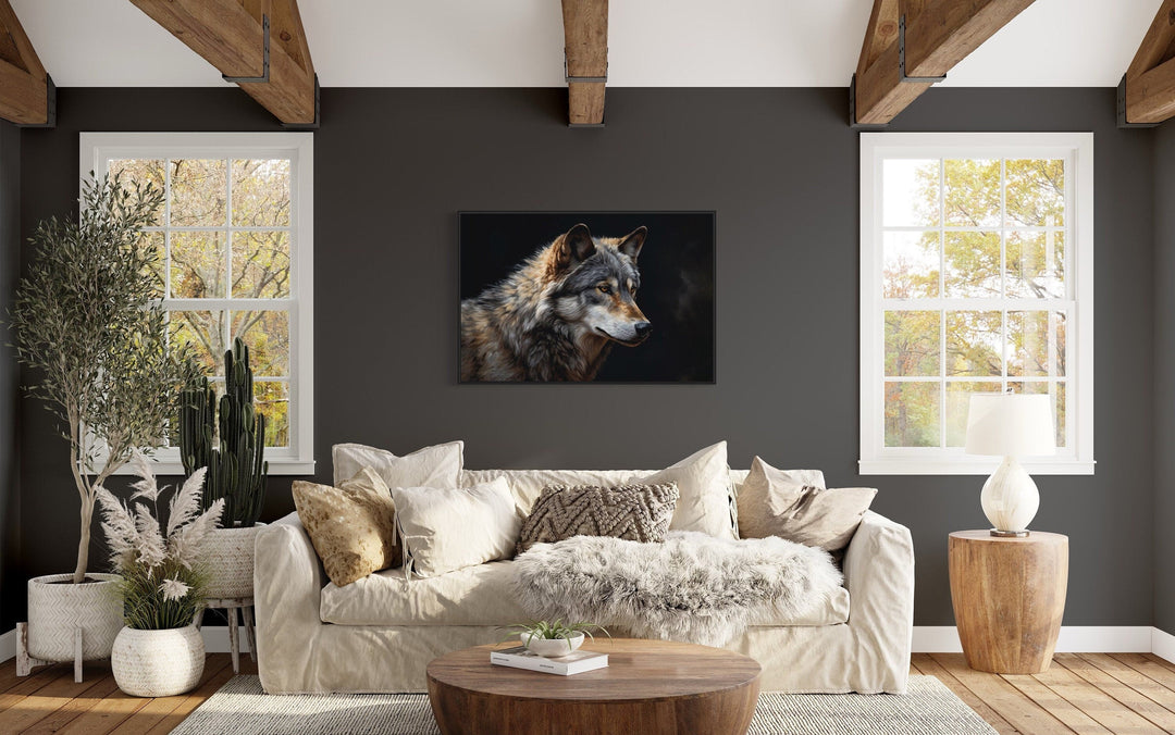 Grey Wolf Portrait Framed Canvas Wall Art