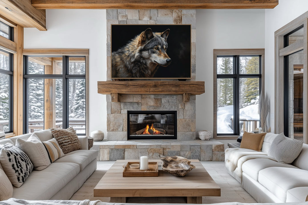 Grey Wolf Portrait Framed Canvas Wall Art