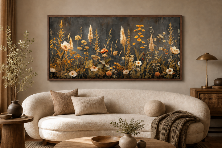 Framed horizontal canvas art of a wildflower field in grey and beige tones above a curved sofa.
