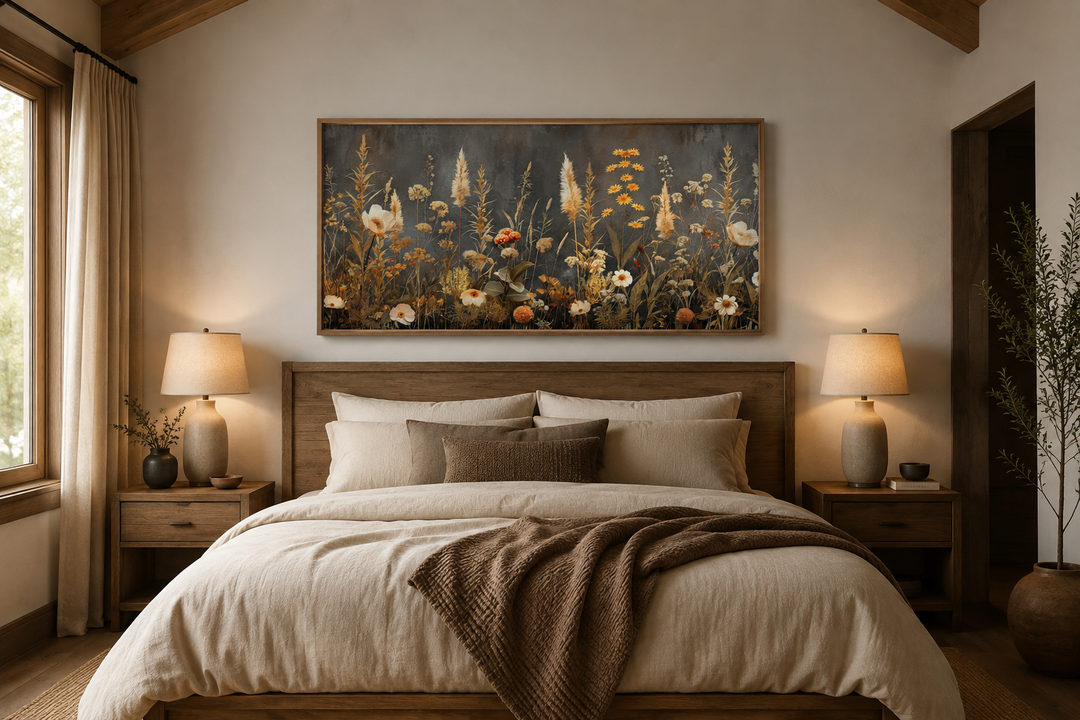 Grey beige boho wildflowers field framed canvas wall art hanging above a wooden bed frame.