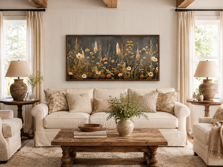 Grey beige boho wildflowers field framed canvas wall art hanging above a neutral sofa.