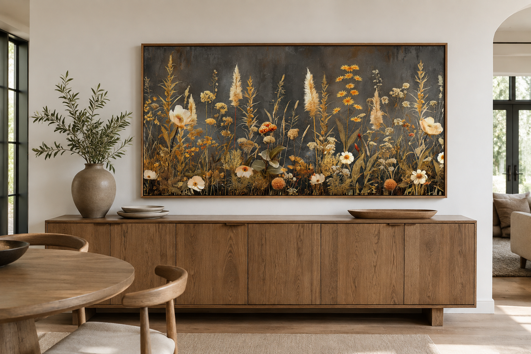 Horizontal framed canvas wall art featuring boho wildflowers in grey and beige tones above a buffet.
